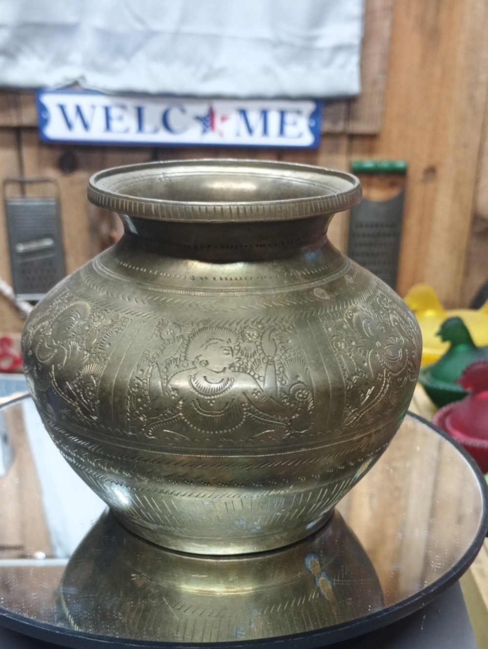 Brass Engraved Decorative Vase - Brass With Seven Different Engraved Pics